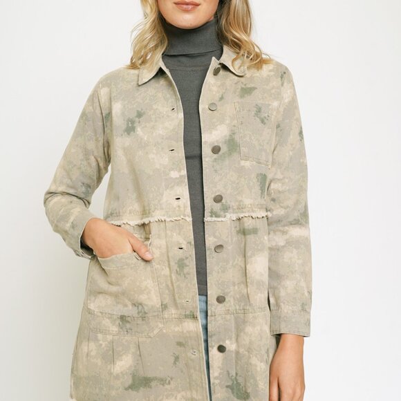 MYSTREE TIERED LONG TRUCKER JACKET Camo Utility Shacket, Beige Green Distressed - Picture 4 of 10